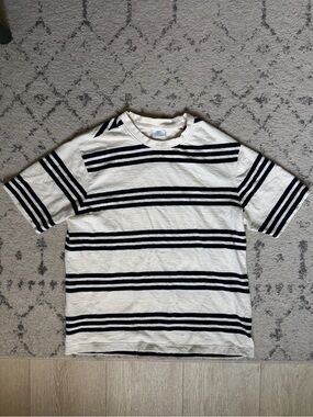 Men's White and Black Striped Short-Sleeve Terry Shirt Mango